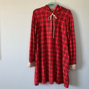 Red Tartan Plaid Hooded Tunic or Lounger Dress, Women’s Large